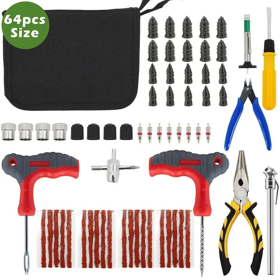 65PCS TYRE PUNCTURE REPAIR TOOL KIT MOTORCYCLE CAR VAN EMERGENCY TUBELESS TIRE - Show Gadgets