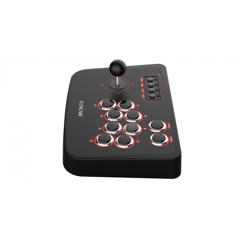 Black arcade joystick with buttons on a white background