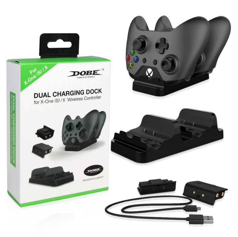 Dobe dual charging dock for Xbox One controllers with packaging and accessories on a white background