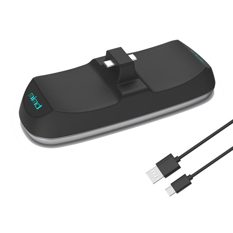 Black electronic device with USB cable on a white background