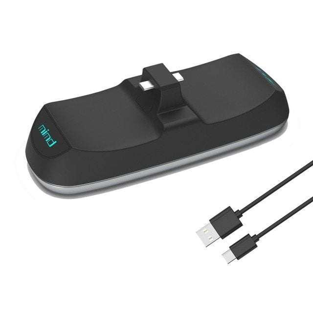 Black electronic device with USB cable on a white background