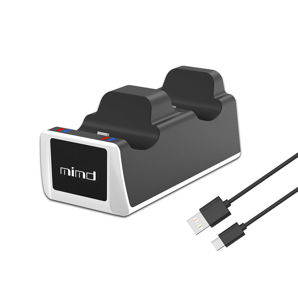 Black charging dock with USB cable on a white background
