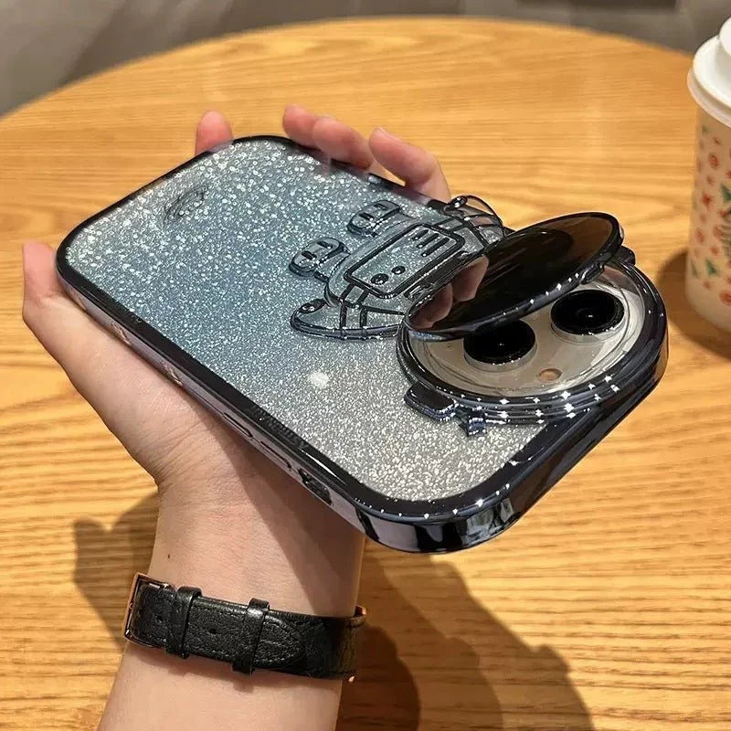 Glitter Astronaut Camera Stand Phone Case For I14 13 12 11 Pro Max XR 14 Plus Invisible Lens Bracket Plating Soft Cover - Show Gadgets