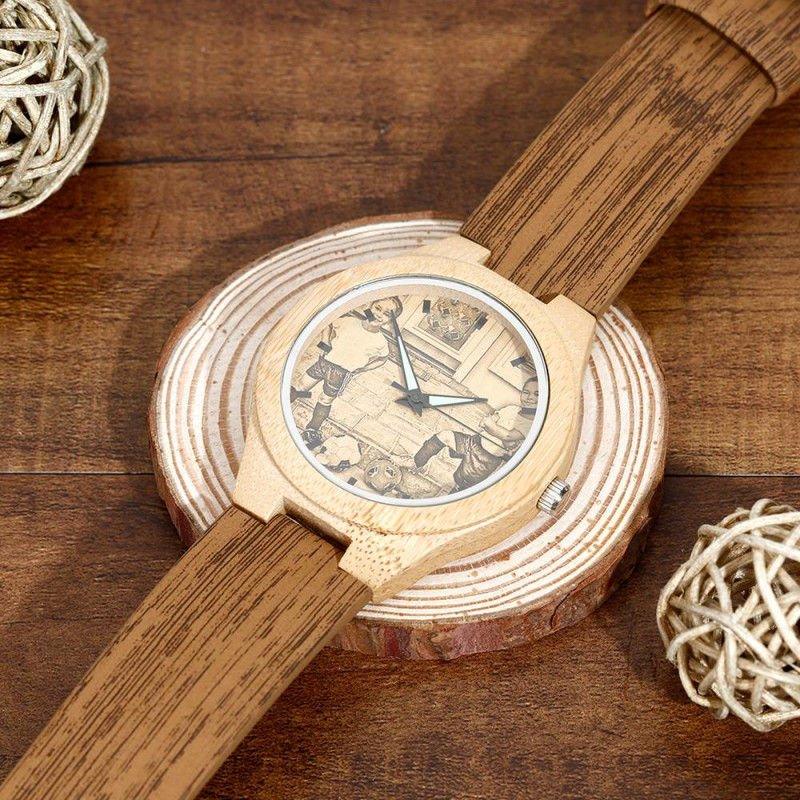 Women's Engraved Bamboo Photo Watch Wooden Leather Strap 40mm - Show Gadgets