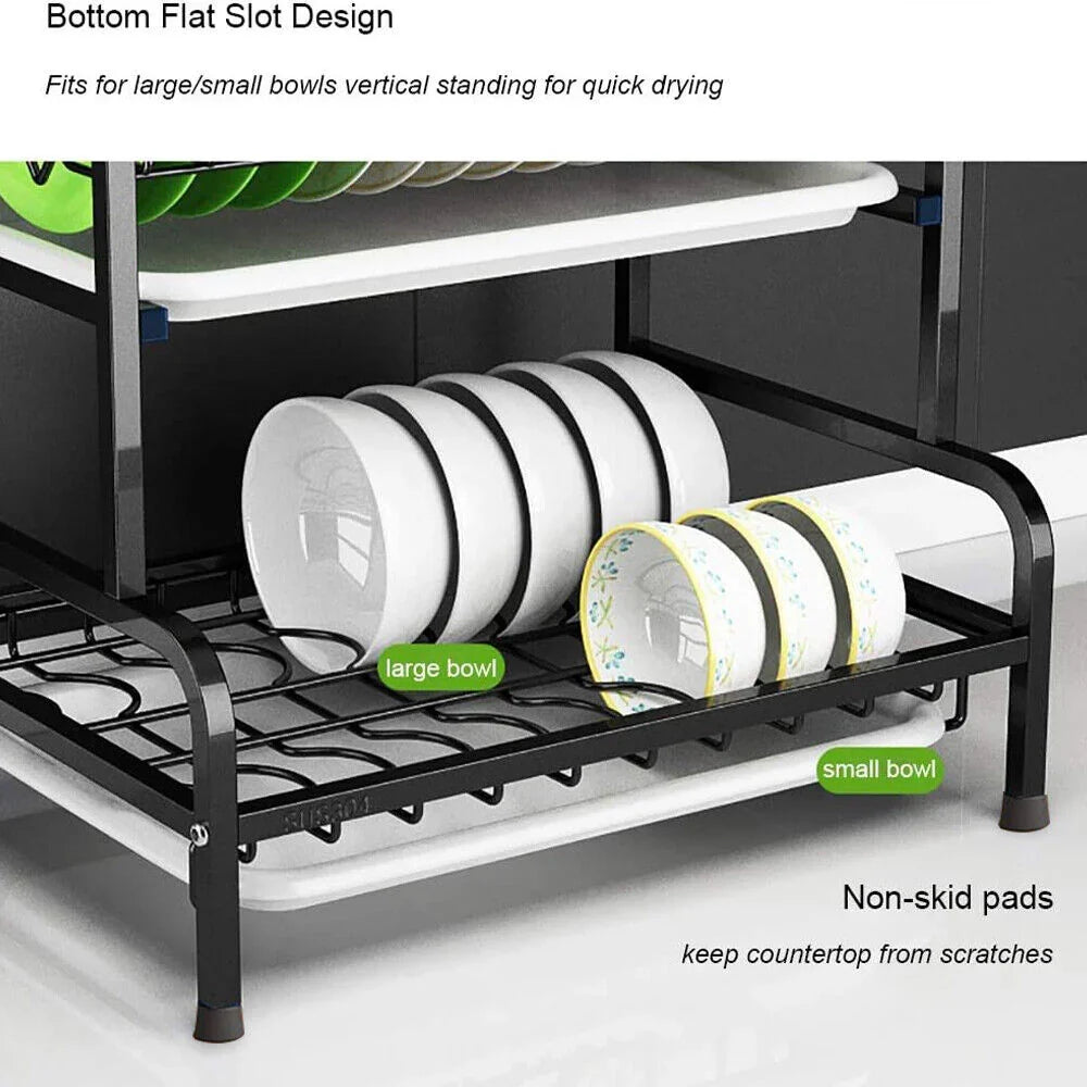3 Tier Dish Drainer Rack With Drip Tray Cutlery Holder Plate Rack Kitchen Sink - Show Gadgets
