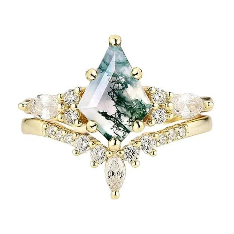 2pcs Fashion Rings Natural Green Moss Stone Agate Ring For Women Personalized Jewelry - Show Gadgets