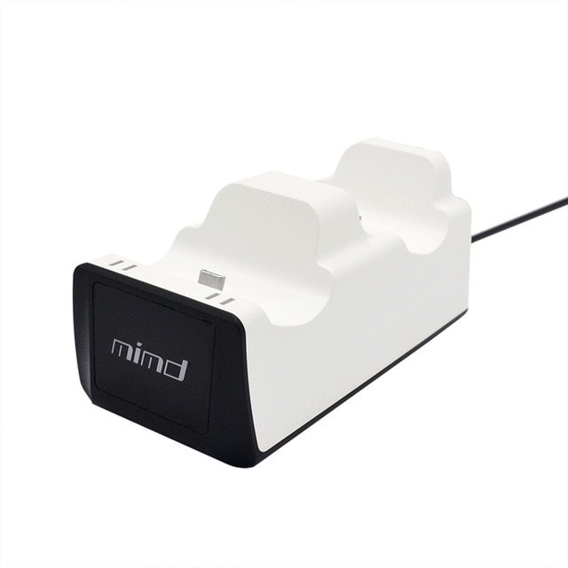 White gaming controller chargier dock with black base on a white background