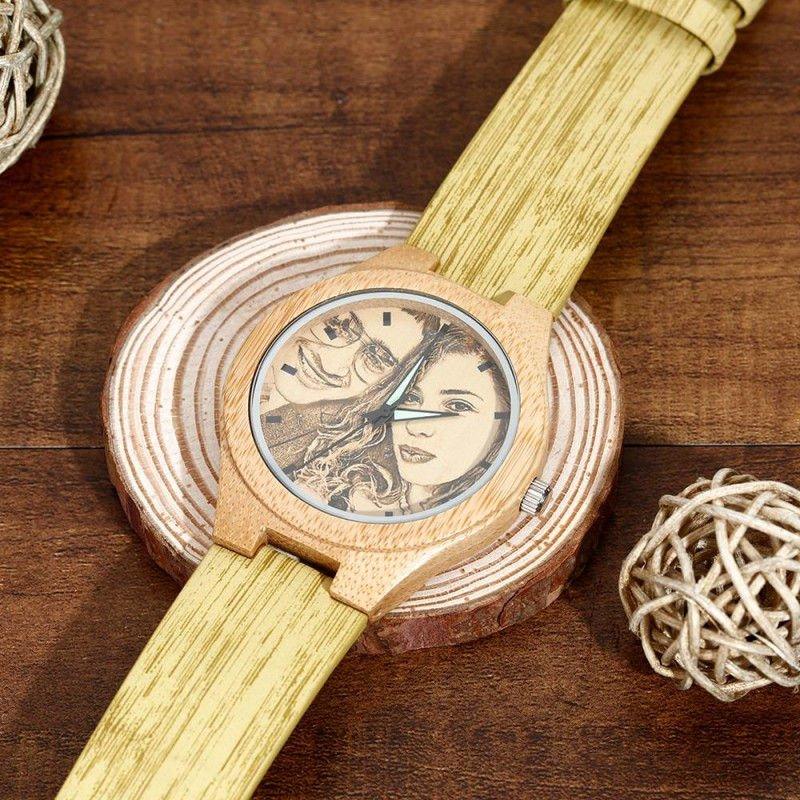 Women's Engraved Bamboo Photo Watch Wooden Leather Strap 40mm - Show Gadgets