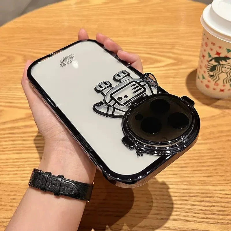 Glitter Astronaut Camera Stand Phone Case For I14 13 12 11 Pro Max XR 14 Plus Invisible Lens Bracket Plating Soft Cover - Show Gadgets