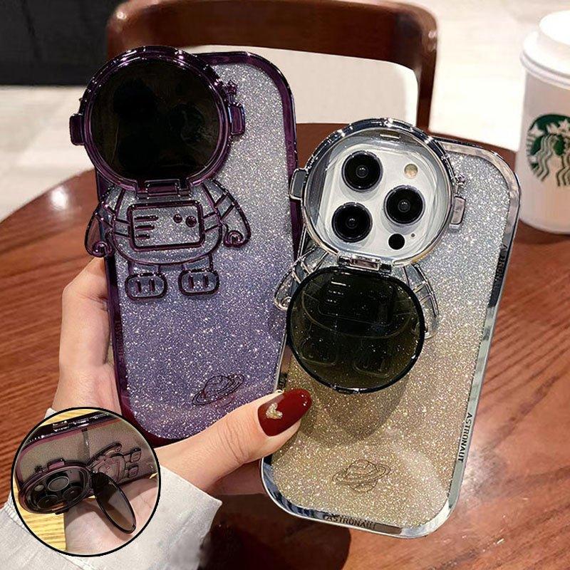 Glitter Astronaut Camera Stand Phone Case For I14 13 12 11 Pro Max XR 14 Plus Invisible Lens Bracket Plating Soft Cover - Show Gadgets