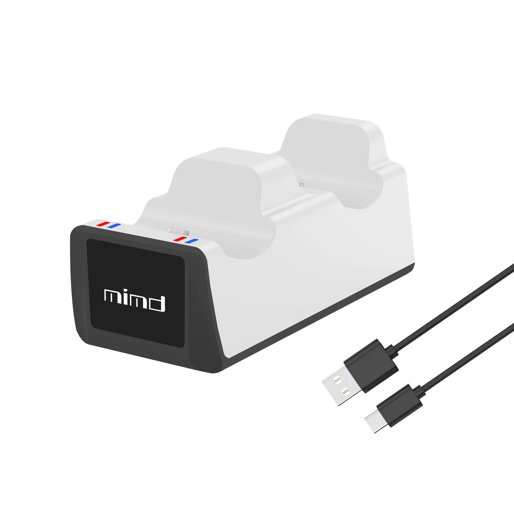 White gaming console charging dock with USB cable on a white background