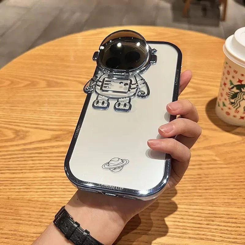 Glitter Astronaut Camera Stand Phone Case For I14 13 12 11 Pro Max XR 14 Plus Invisible Lens Bracket Plating Soft Cover - Show Gadgets