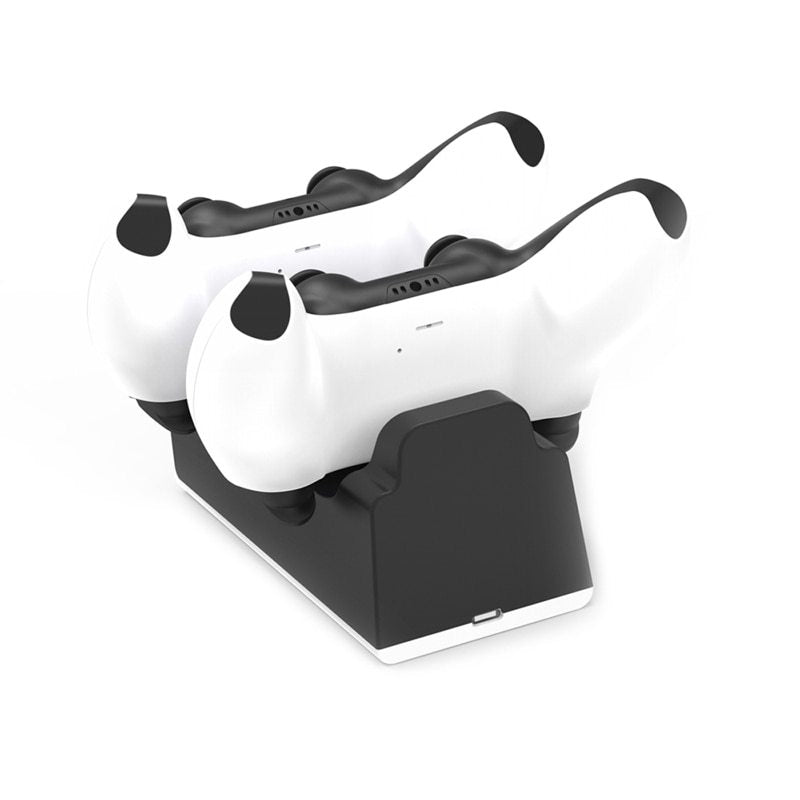 White VR headset with black straps on a black charging stand against a white background