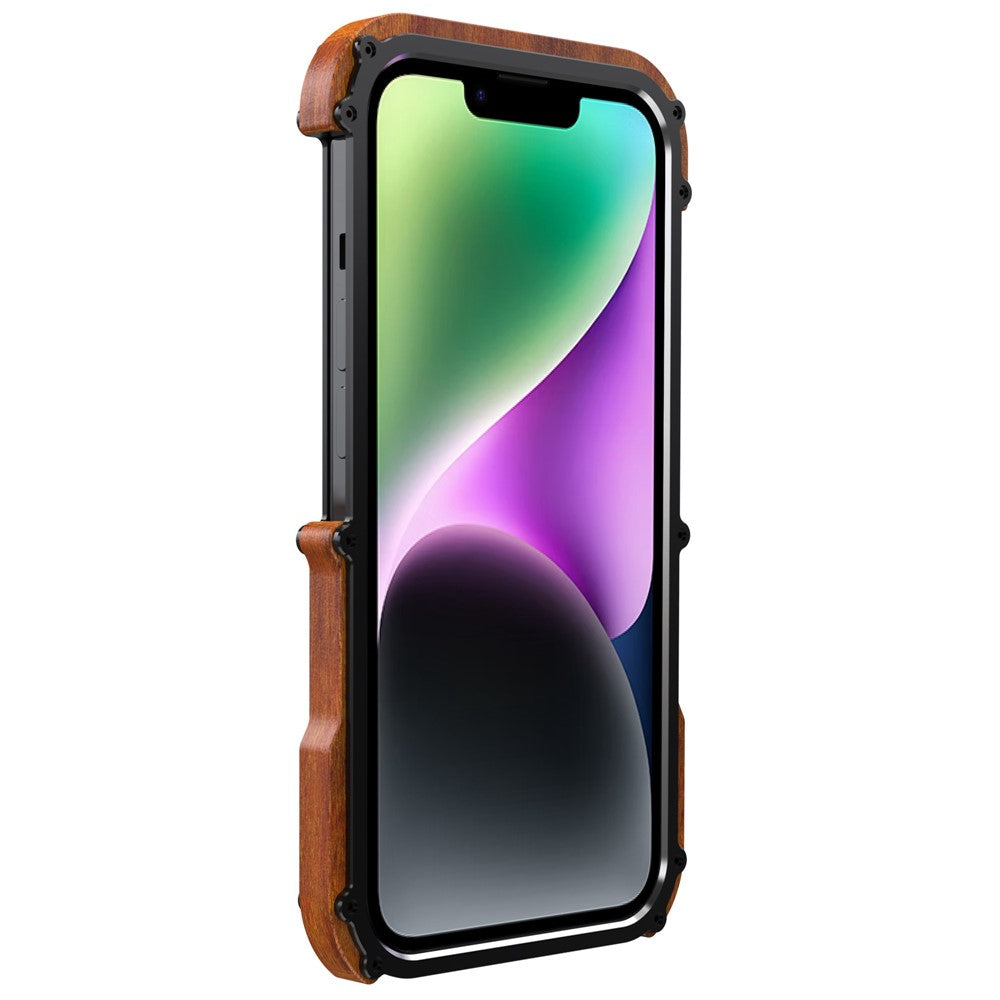 R-JUST For iPhone 14 Plus Shockproof Case Wood + Aluminum Alloy Frame Bumper Case Anti-Fall Phone Protector