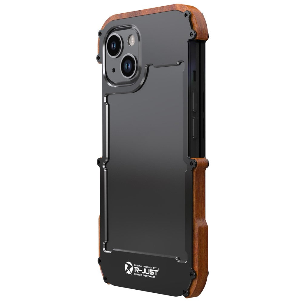 R-JUST For iPhone 14 Plus Shockproof Case Wood + Aluminum Alloy Frame Bumper Case Anti-Fall Phone Protector
