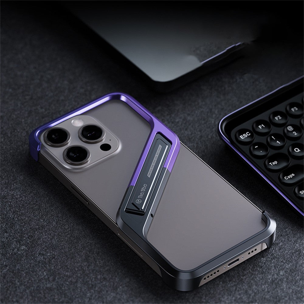 For iPhone 16 Pro Frameless Case S-Shaped Aluminium Alloy Phone Cover with Kickstand