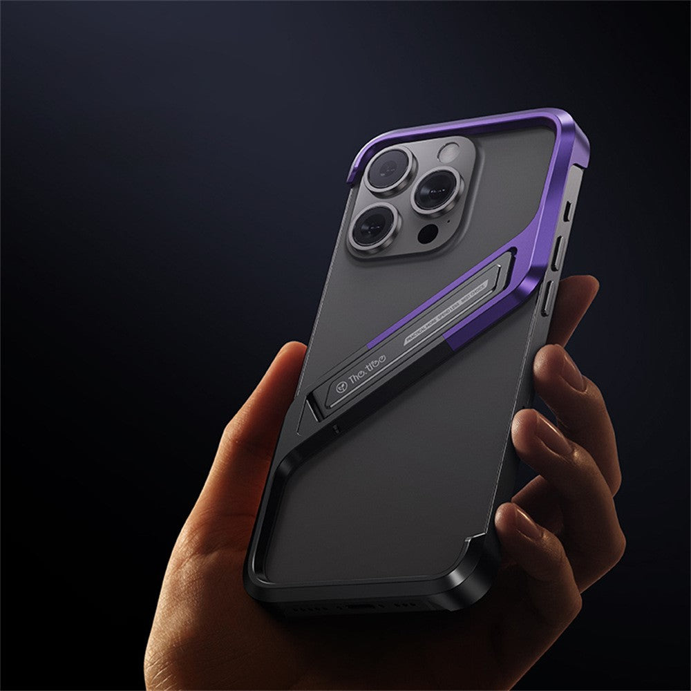 For iPhone 16 Pro Frameless Case S-Shaped Aluminium Alloy Phone Cover with Kickstand
