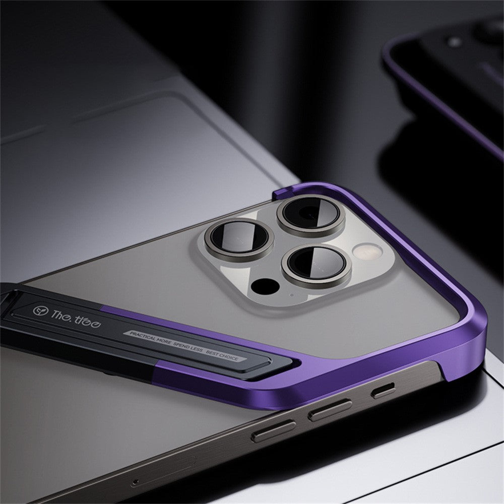 For iPhone 16 Pro Frameless Case S-Shaped Aluminium Alloy Phone Cover with Kickstand