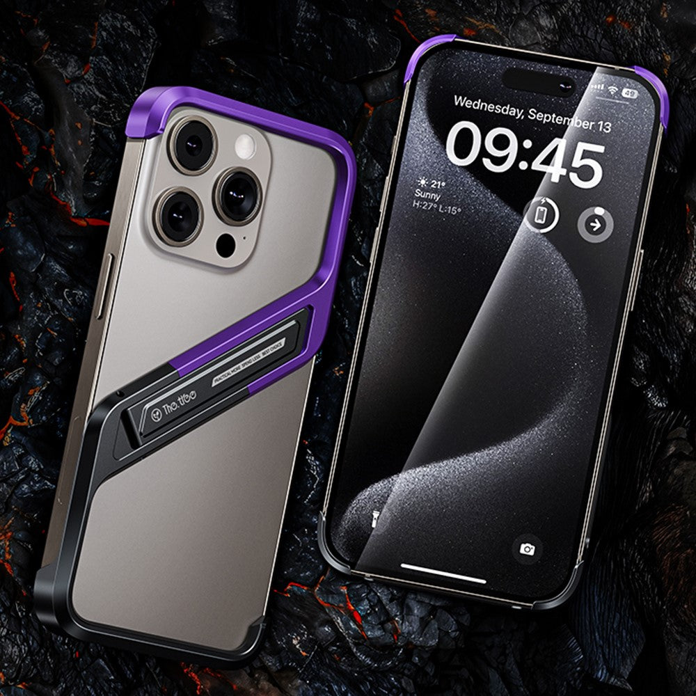 For iPhone 16 Pro Frameless Case S-Shaped Aluminium Alloy Phone Cover with Kickstand