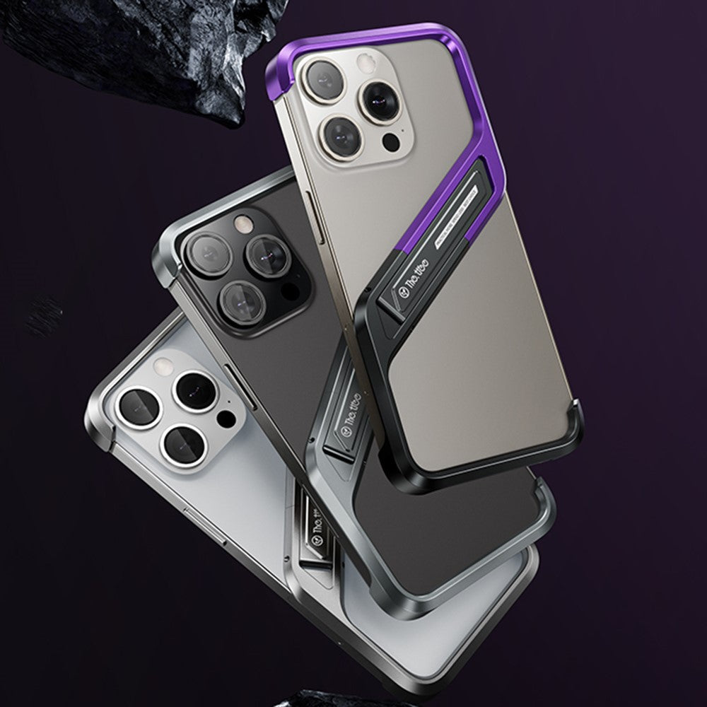 For iPhone 16 Pro Frameless Case S-Shaped Aluminium Alloy Phone Cover with Kickstand
