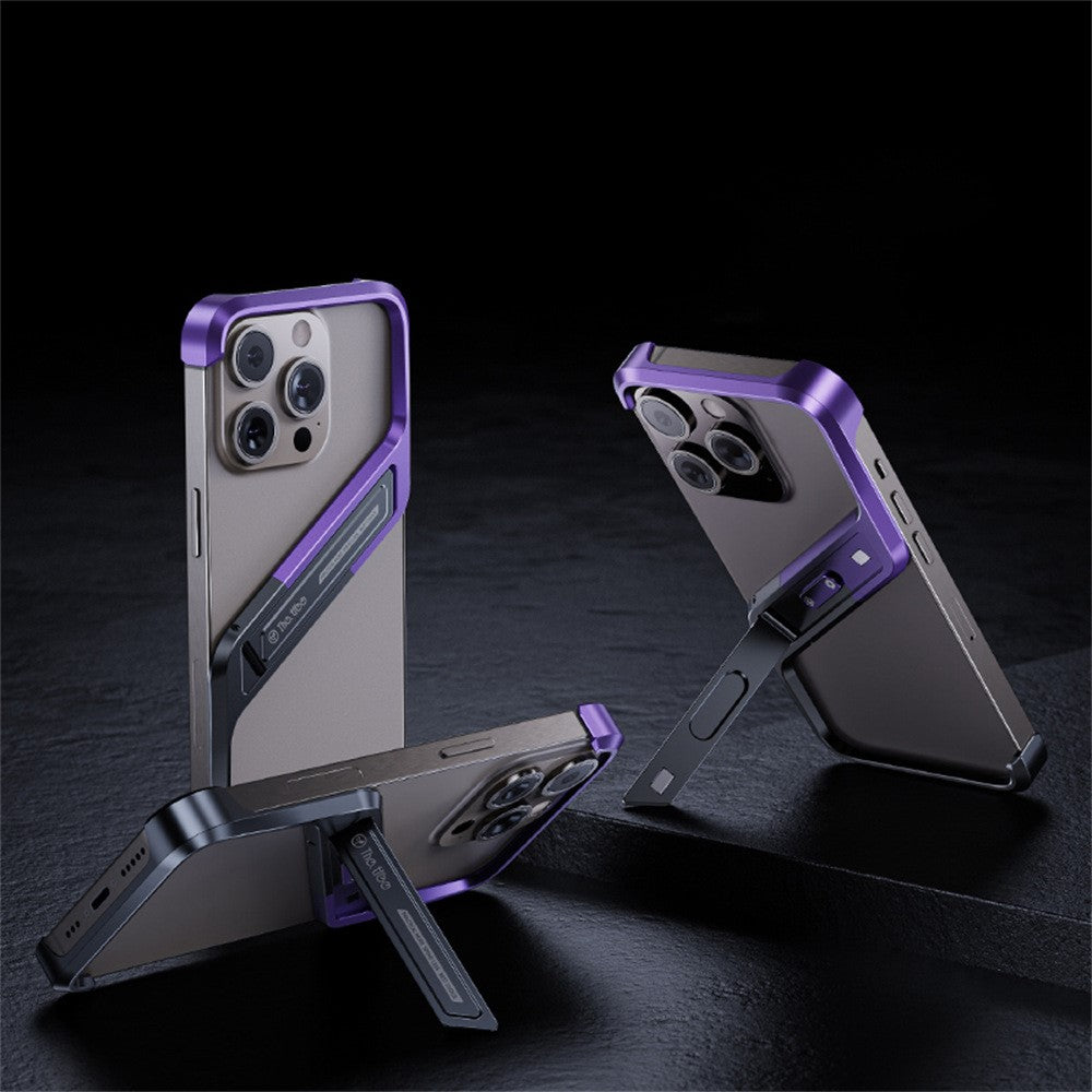 For iPhone 16 Pro Frameless Case S-Shaped Aluminium Alloy Phone Cover with Kickstand