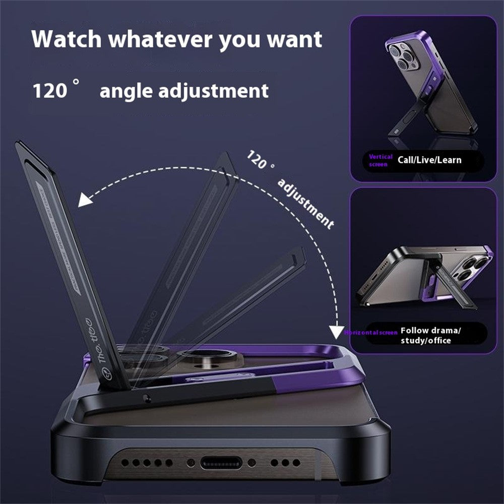 For iPhone 16 Pro Frameless Case S-Shaped Aluminium Alloy Phone Cover with Kickstand