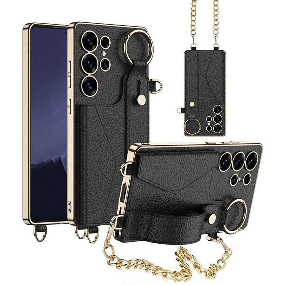 GKK For Samsung Galaxy S25 Ultra electroplated phone case with kickstand, card holder, strap in matcha green