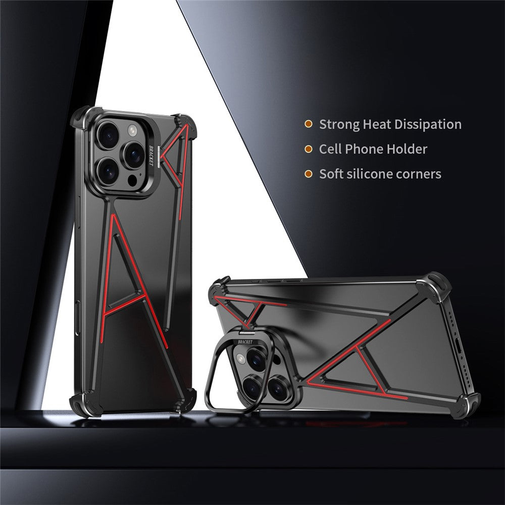 For iPhone 16 Pro Bumper Case Four Corner Airbag Kickstand Boardless A-Shape Metal Phone Cover