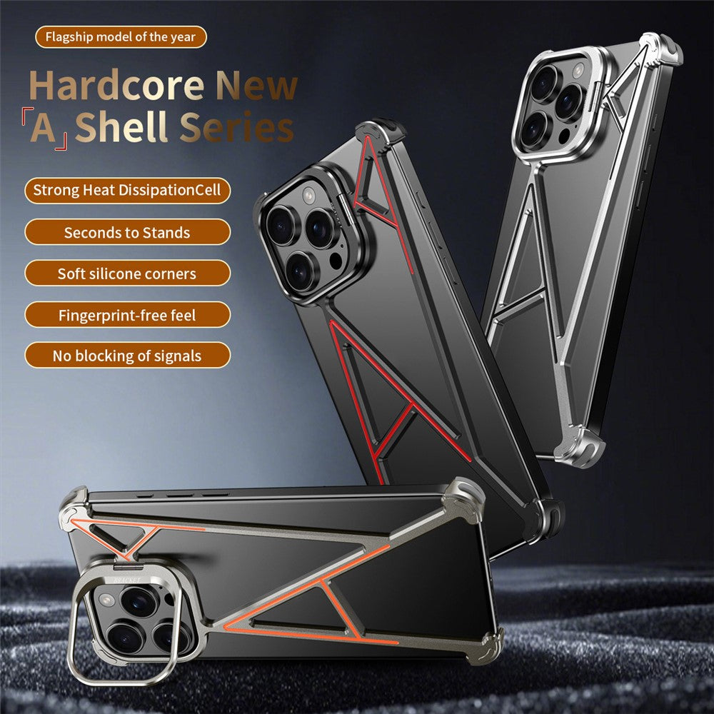 For iPhone 16 Pro Bumper Case Four Corner Airbag Kickstand Boardless A-Shape Metal Phone Cover