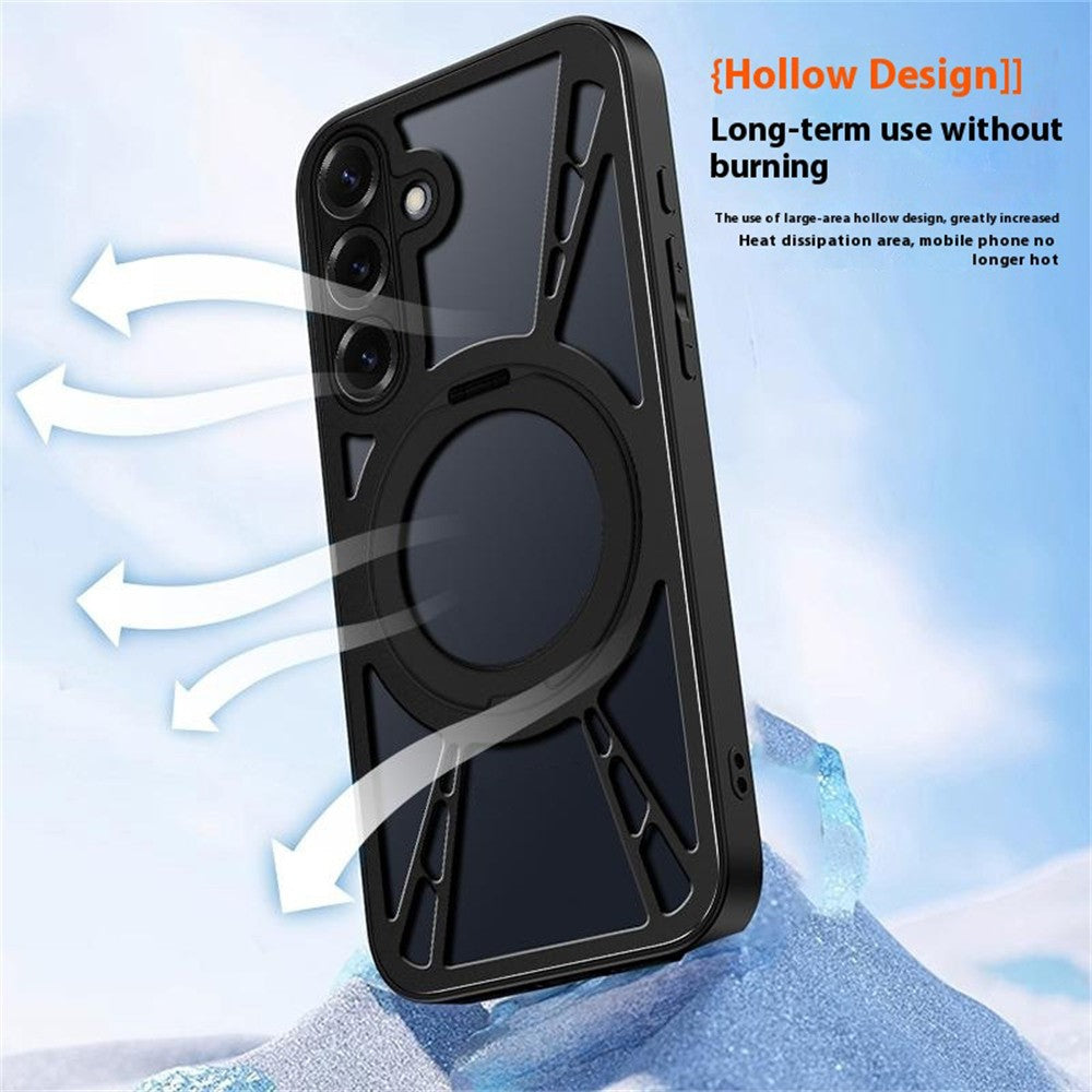 For Samsung Galaxy S24 Case Magnetic Kickstand Hollow Heat Dissipation Silicone + PC + Metal Bumper Phone Cover