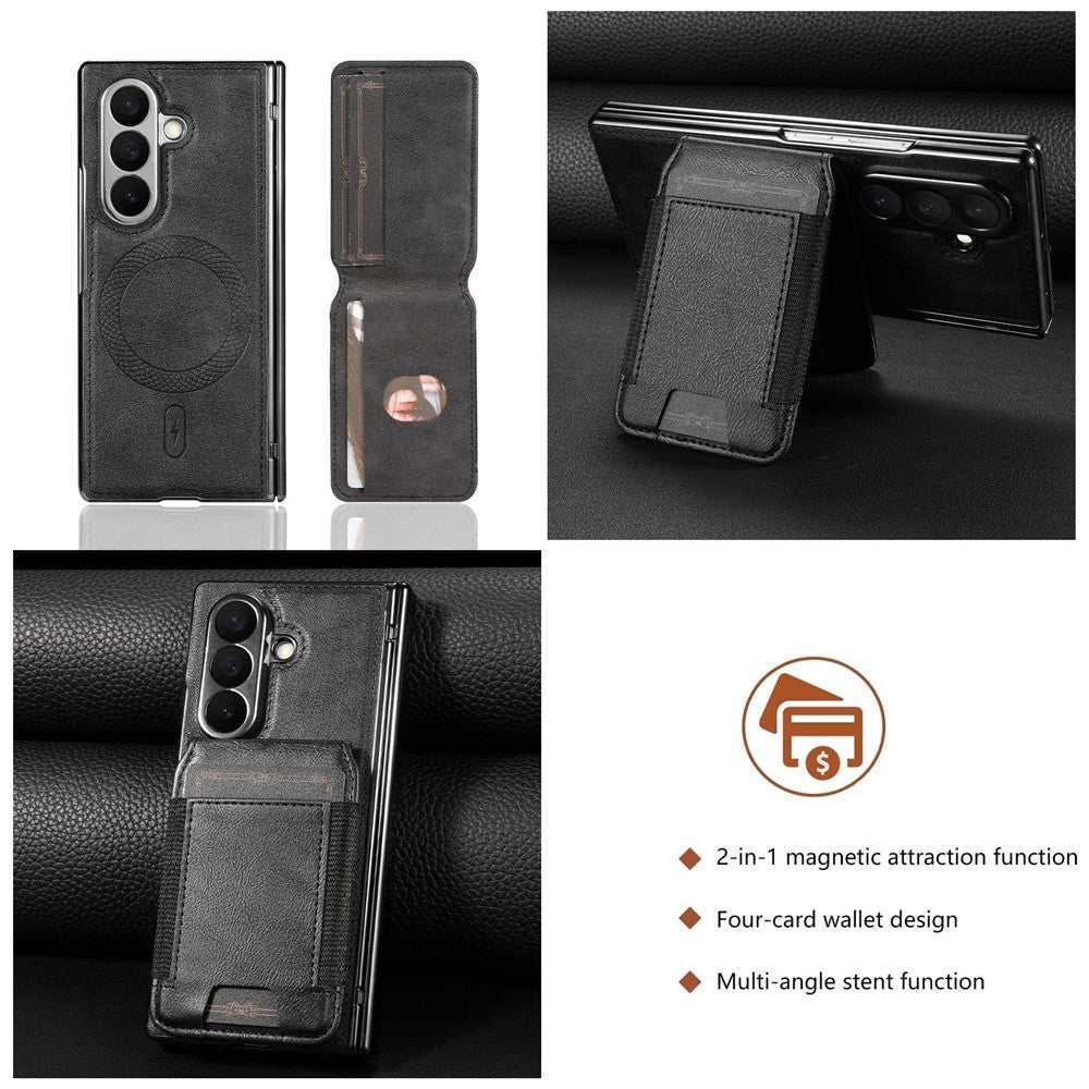 For Samsung Galaxy Z Fold7 5G Magnetic Case Detachable Card Holder Kickstand Leather + PC Phone Cover with Tempered Glass Film