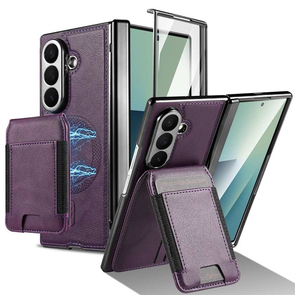 For Samsung Galaxy Z Fold7 5G Magnetic Case Detachable Card Holder Kickstand Leather + PC Phone Cover with Tempered Glass Film
