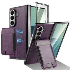 For Samsung Galaxy Z Fold7 5G Magnetic Case Detachable Card Holder Kickstand Leather + PC Phone Cover with Tempered Glass Film