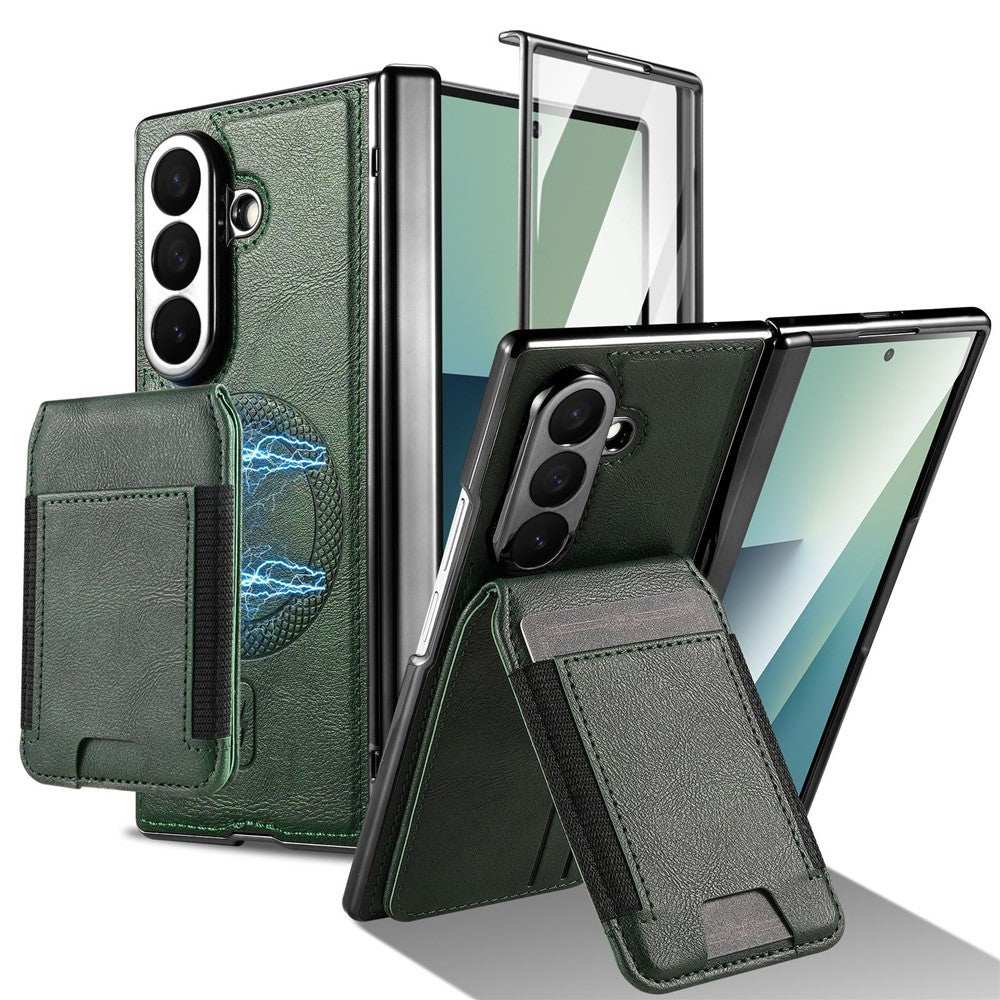 For Samsung Galaxy Z Fold7 5G Magnetic Case Detachable Card Holder Kickstand Leather + PC Phone Cover with Tempered Glass Film