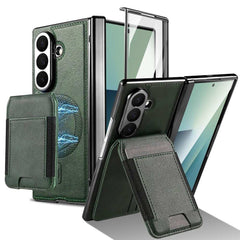 For Samsung Galaxy Z Fold7 5G Magnetic Case Detachable Card Holder Kickstand Leather + PC Phone Cover with Tempered Glass Film