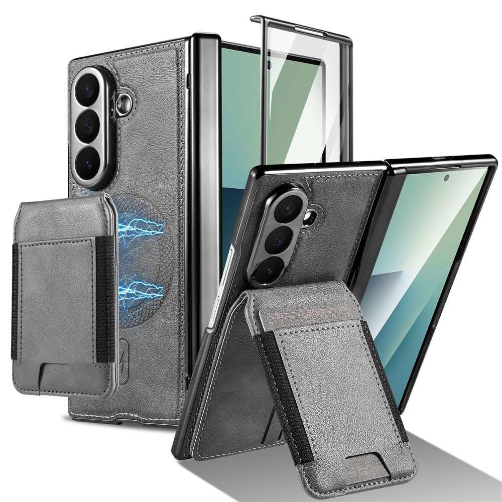 For Samsung Galaxy Z Fold7 5G Magnetic Case Detachable Card Holder Kickstand Leather + PC Phone Cover with Tempered Glass Film