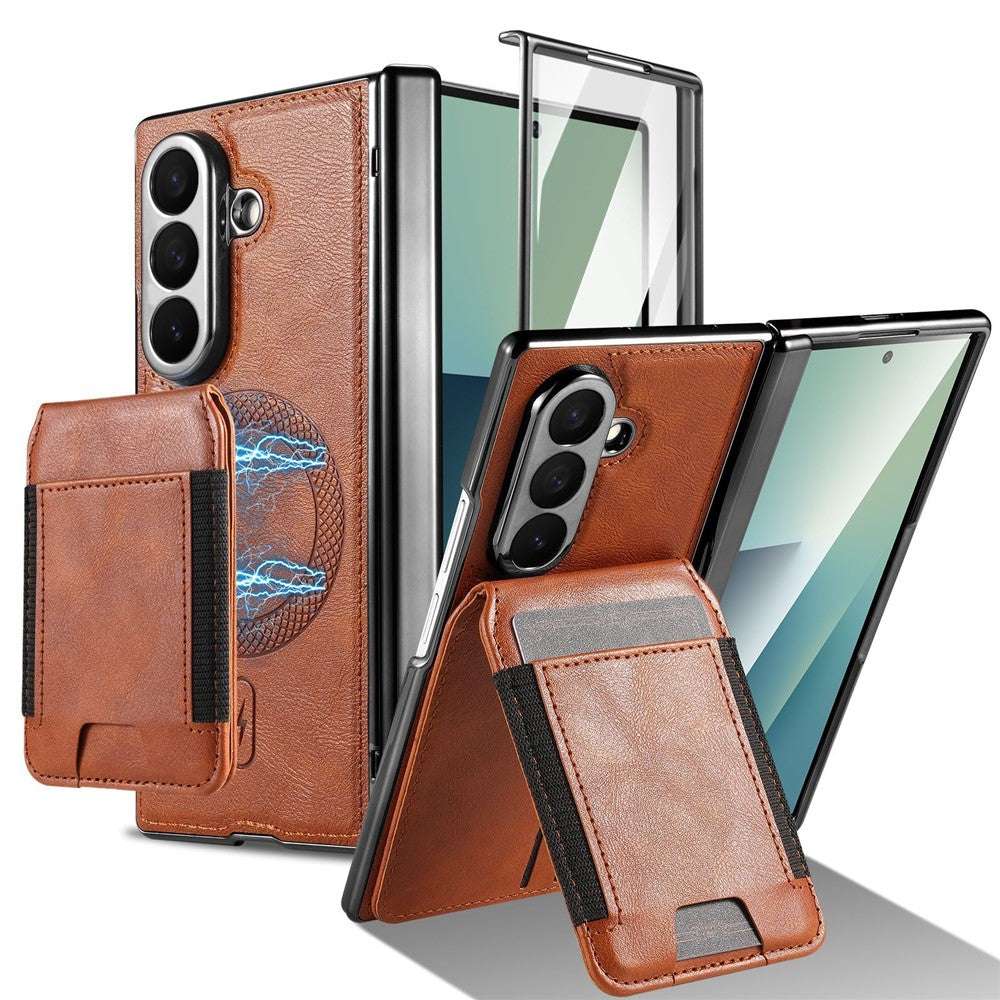For Samsung Galaxy Z Fold7 5G Magnetic Case Detachable Card Holder Kickstand Leather + PC Phone Cover with Tempered Glass Film