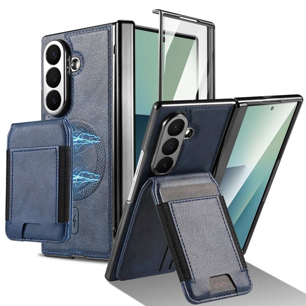 For Samsung Galaxy Z Fold7 5G Magnetic Case Detachable Card Holder Kickstand Leather + PC Phone Cover with Tempered Glass Film