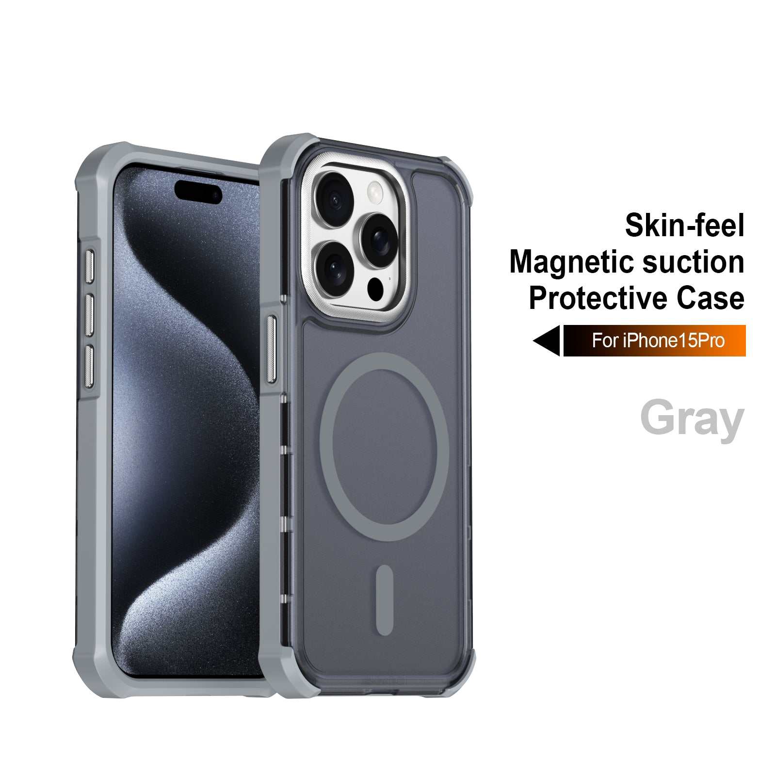 Sleek iPhone 15 Pro Magnetic Case with electroplated frame, skin-touch TPU+PC dual material protection, and built-in strong N56 magnet for secure attachment