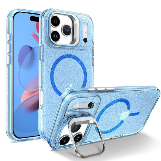For iPhone 17 Pro Max Magnetic Case Shockproof TPU PC Glitter Phone Cover with Lens Frame Kickstand