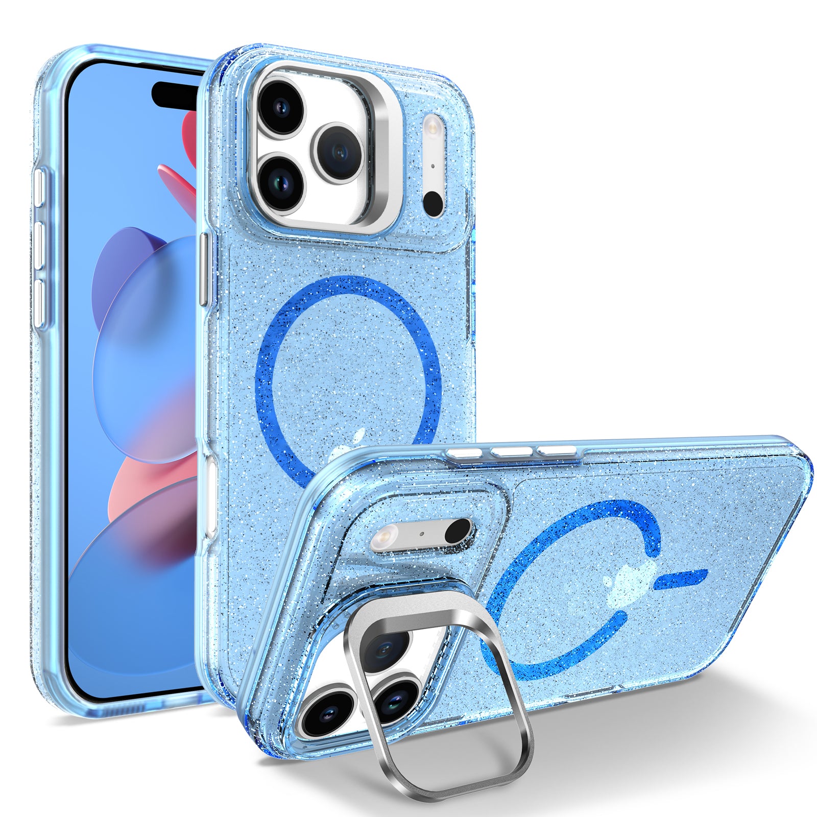 For iPhone 17 Pro Max Magnetic Case Shockproof TPU PC Glitter Phone Cover with Lens Frame Kickstand