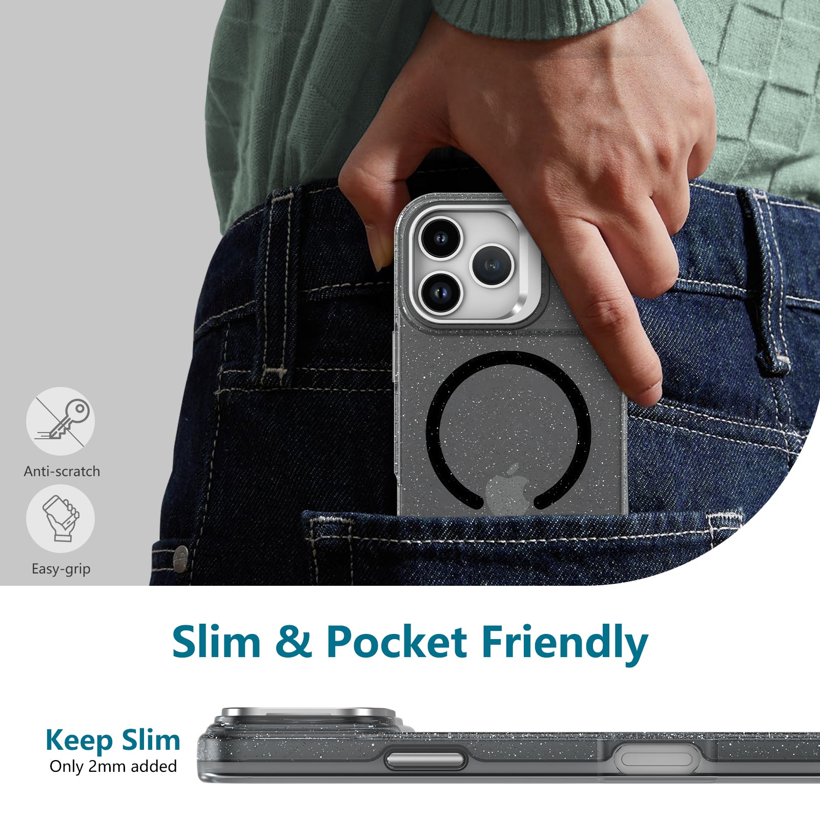 For iPhone 17 Pro Max Magnetic Case Shockproof TPU PC Glitter Phone Cover with Lens Frame Kickstand