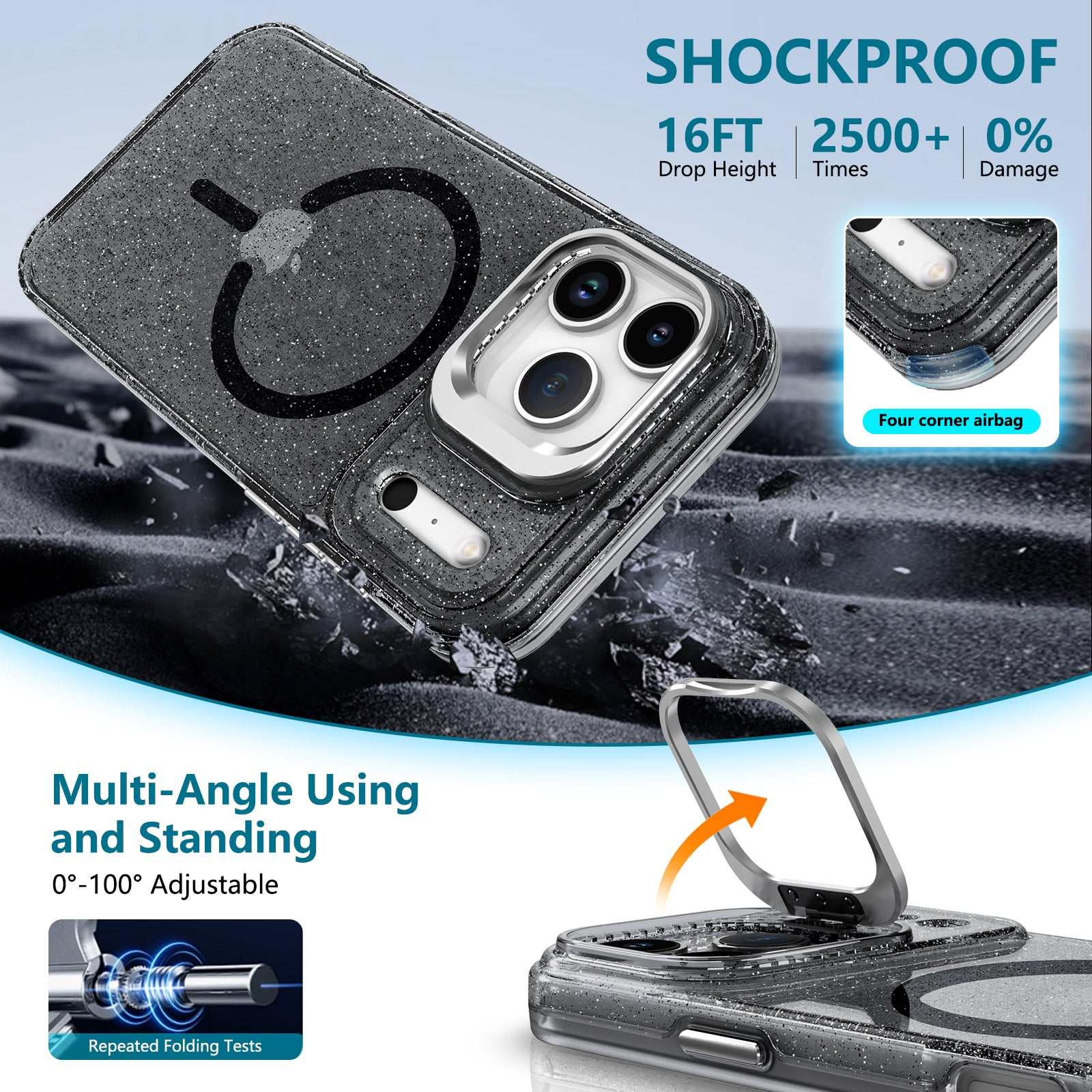 iPhone 17 Pro Max magnetic glitter phone case with shockproof TPU, metal lens frame kickstand, and magnetic compatibility