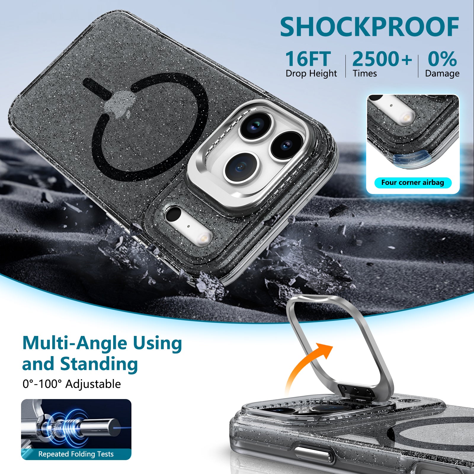 For iPhone 17 Pro Max Magnetic Case Shockproof TPU PC Glitter Phone Cover with Lens Frame Kickstand