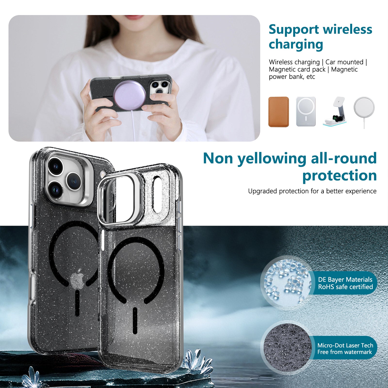 For iPhone 17 Pro Max Magnetic Case Shockproof TPU PC Glitter Phone Cover with Lens Frame Kickstand