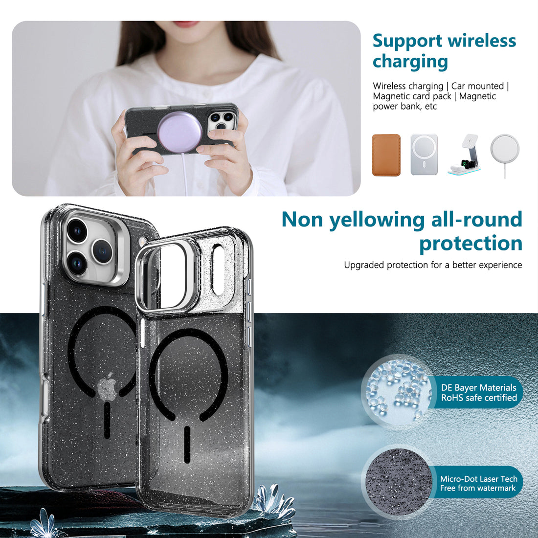 For iPhone 17 Pro Max Magnetic Case Shockproof TPU PC Glitter Phone Cover with Lens Frame Kickstand