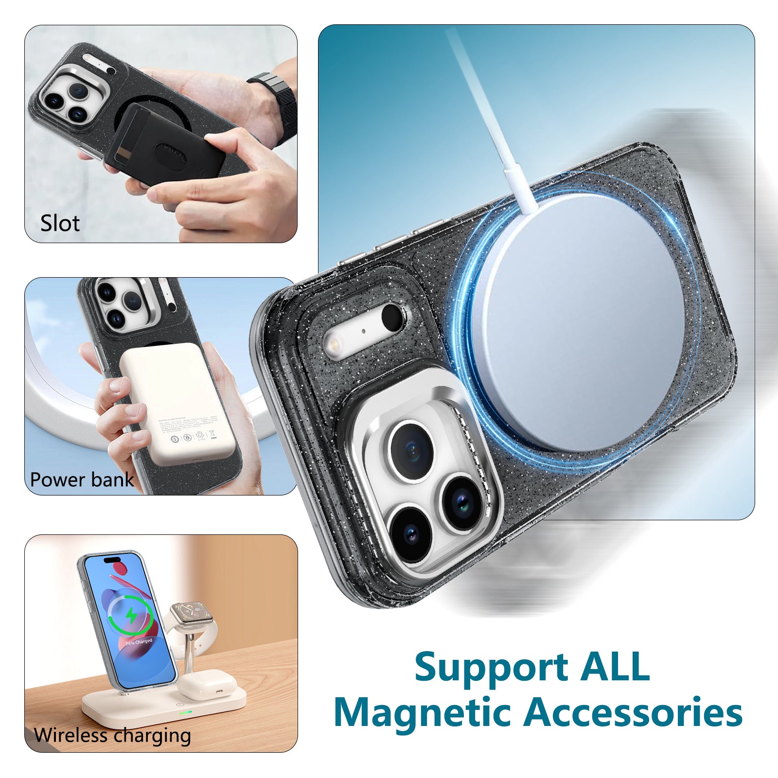 For iPhone 17 Pro Max Magnetic Case Shockproof TPU PC Glitter Phone Cover with Lens Frame Kickstand