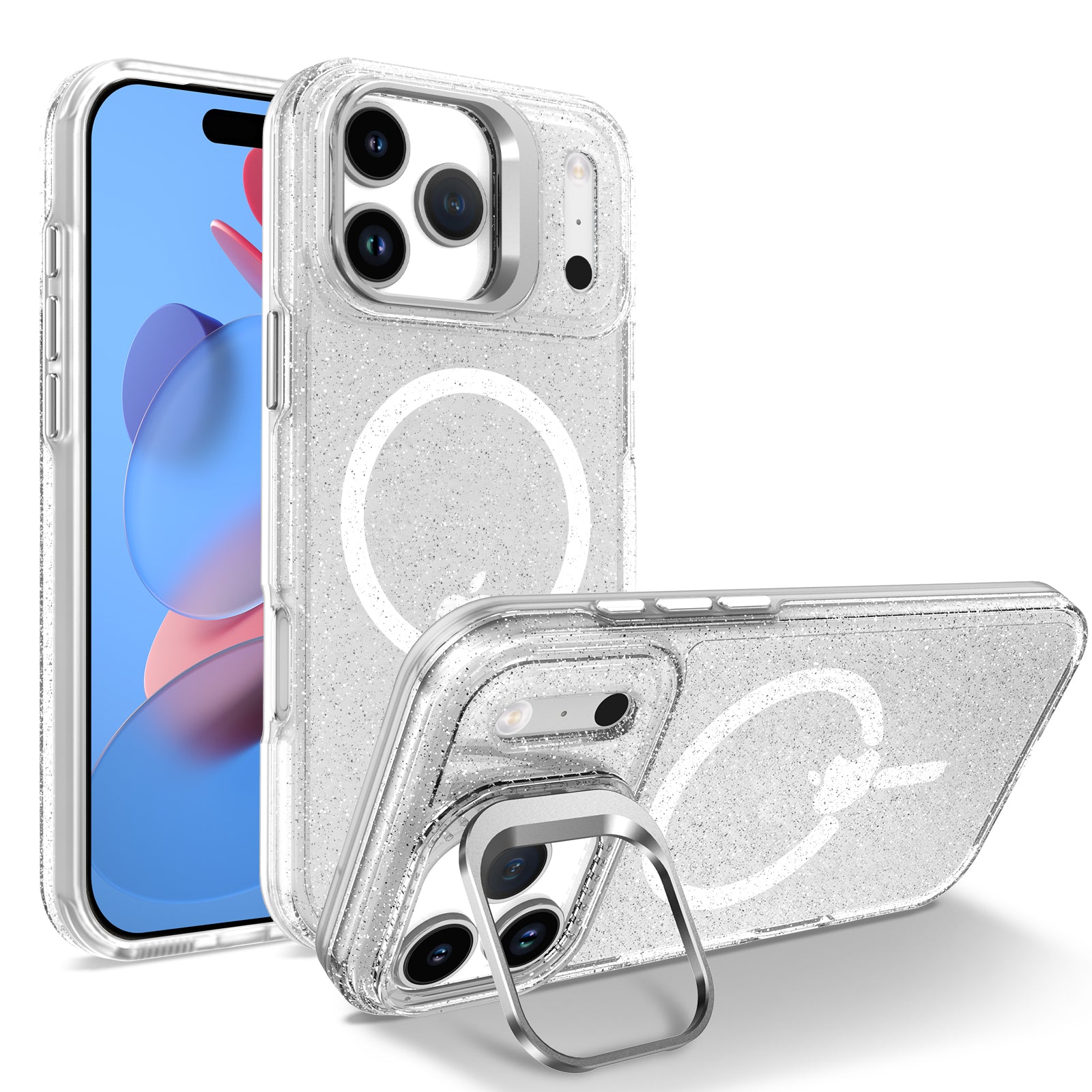 For iPhone 17 Pro Max Magnetic Case Shockproof TPU PC Glitter Phone Cover with Lens Frame Kickstand