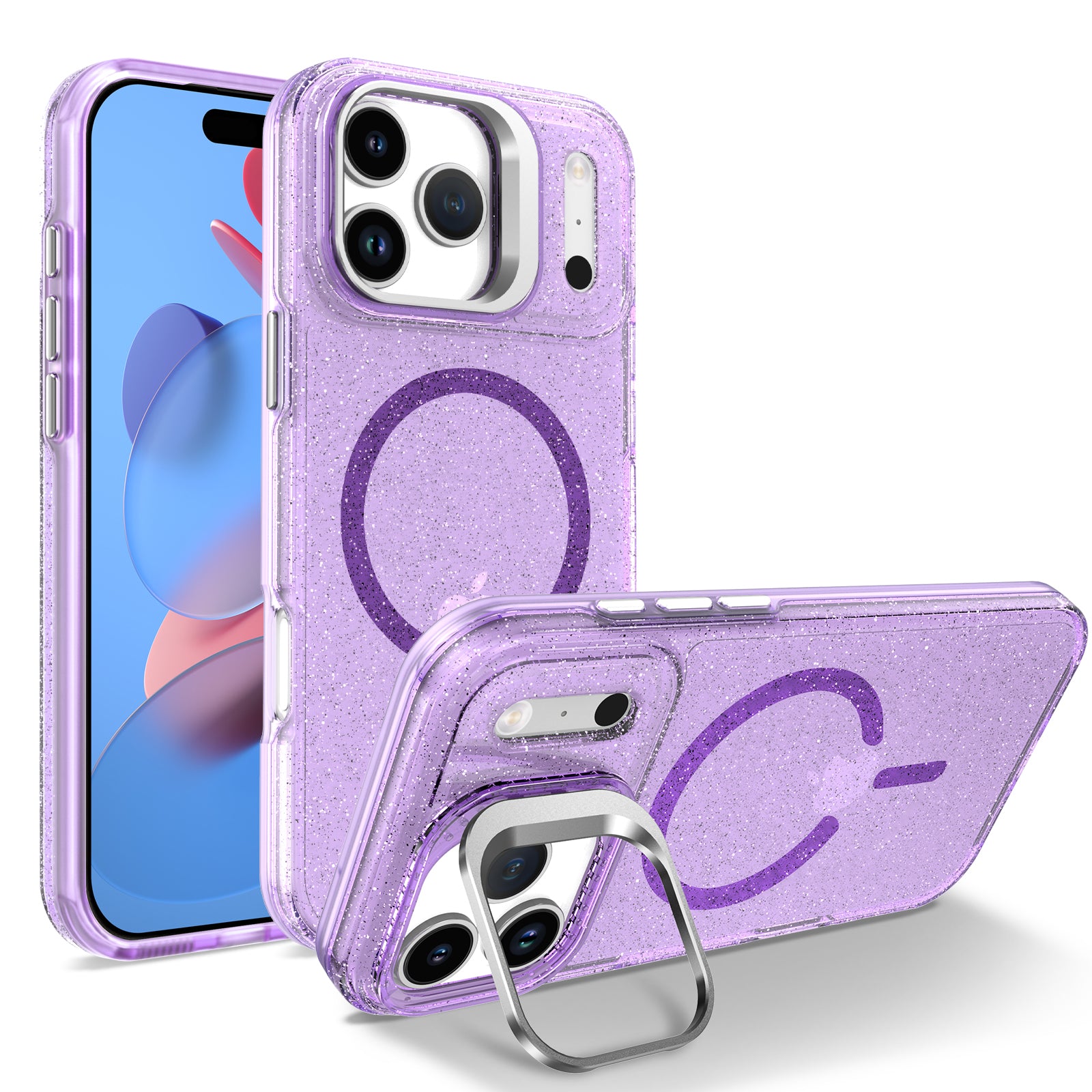 For iPhone 17 Pro Max Magnetic Case Shockproof TPU PC Glitter Phone Cover with Lens Frame Kickstand