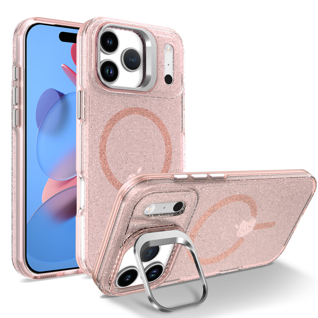 For iPhone 17 Pro Max Magnetic Case Shockproof TPU PC Glitter Phone Cover with Lens Frame Kickstand